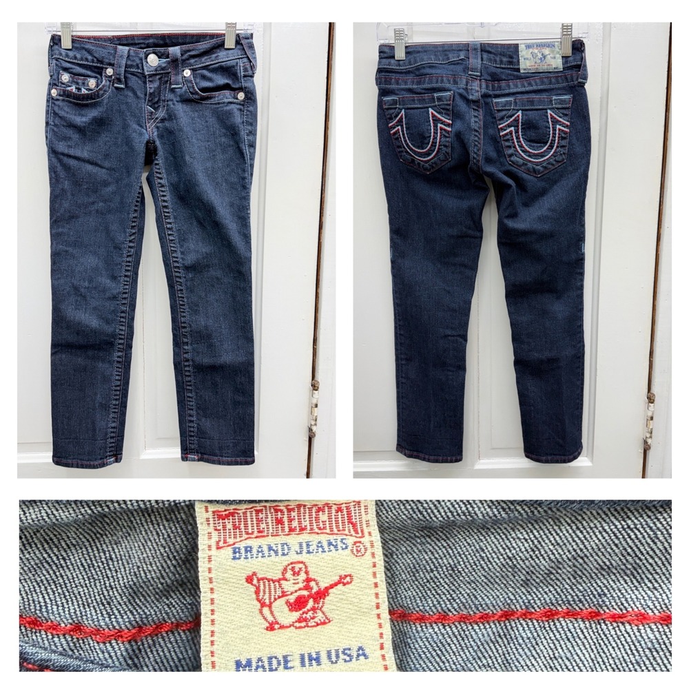 True Religion Womens 24 Denim Jean Capri Capris Red Blue White Made in USA